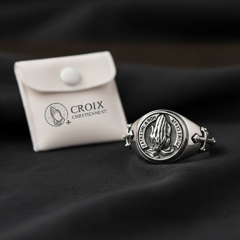 Bague Chrétienne Premium – Mains en prière & Croix
