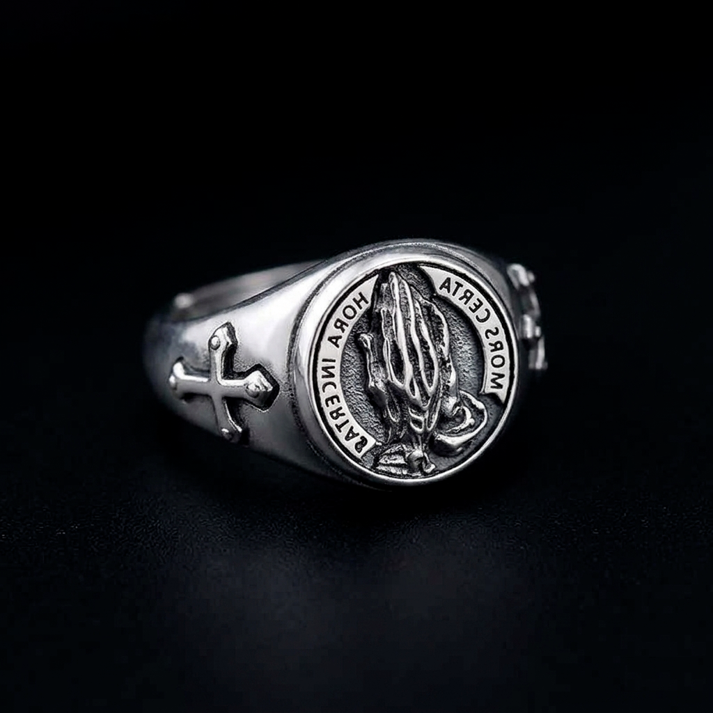 Bague Chrétienne Premium – Mains en prière & Croix