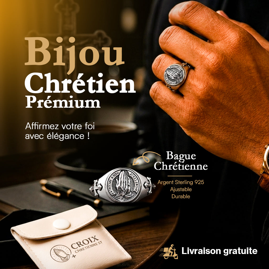 Bague Chrétienne Premium – Mains en prière & Croix